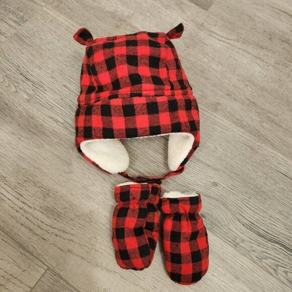 Joe Fresh Boys Red Buffalo Plaid Winter Trappers Hat and Mittens Size 12-24 M - Picture 3 of 9